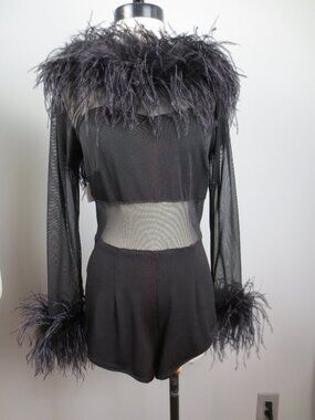 Oh So Sexy Black Sheer Mesh Romper with Ostrich Feather Collar & Cuffs by Caché